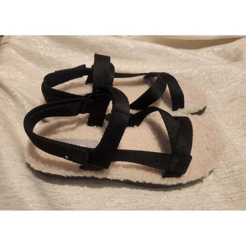 Everlane Teddy Sherpa Sport Sandals Black Cream Faux Fur Fleece Casual Size 7 - Picture 3 of 6